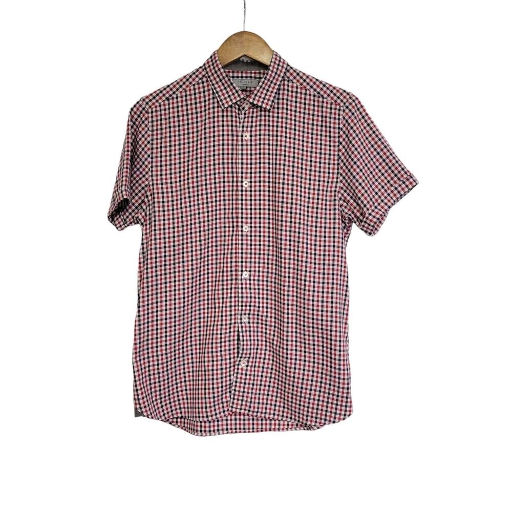 Ted Baker Red White Blue Plaid Short Sleeve Button Up Shirt Size 3/Medium
